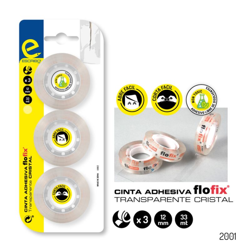 3 Rollos cinta adhesiva-Transp. CRISTAL 33m x12mm.Blister