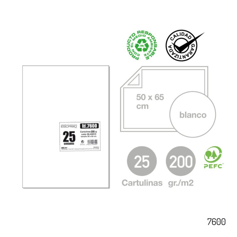 Pack 25 Cartulinas - Blanco 50 x 65 cm.
