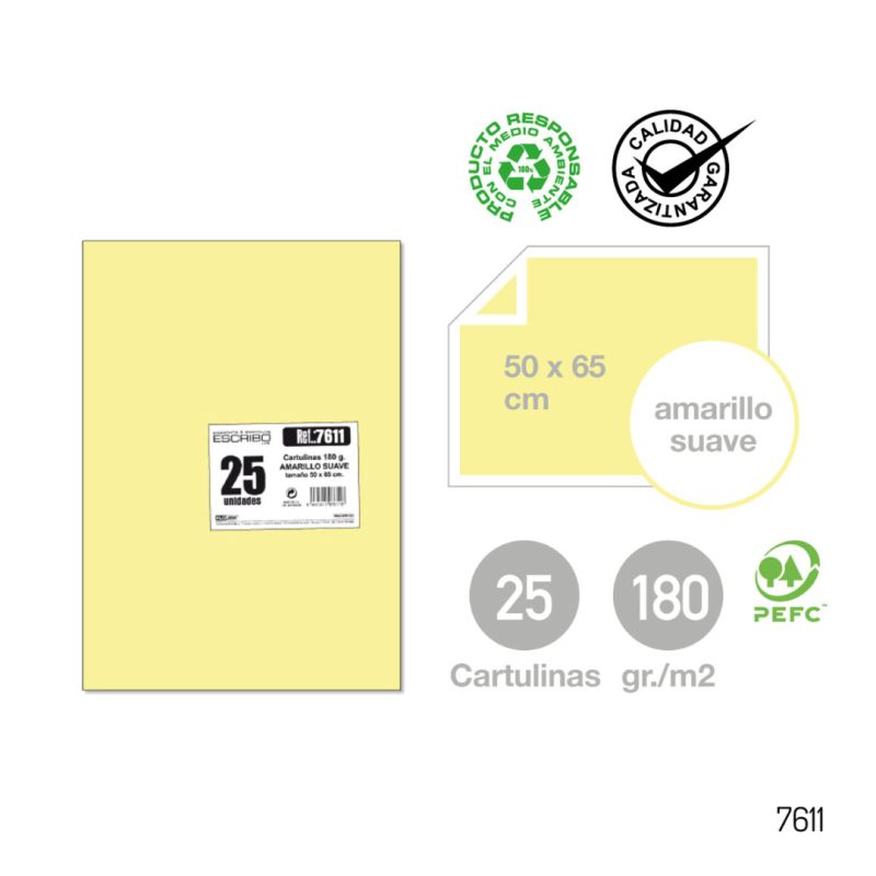 Pack 25 Cartulinas - Amarillo Pastel 50 x 65 cm.