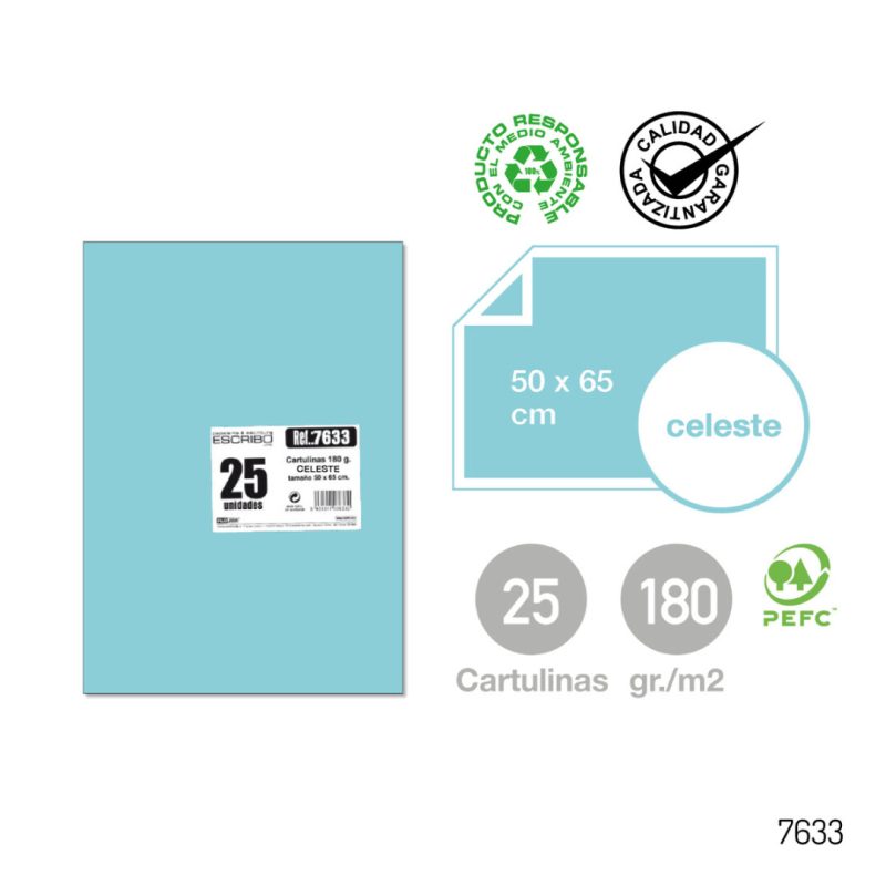 Pack 25 Cartulinas - Azul Celeste 50 x 65 cm.