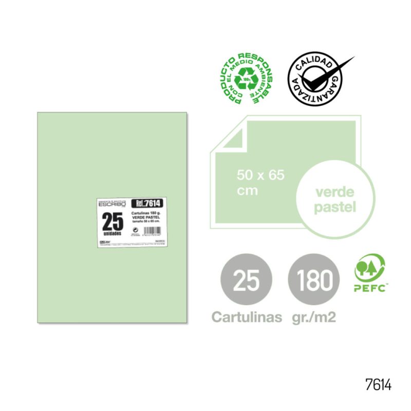 Pack 25 Cartulinas - Verde Pastel 50 x 65 cm.