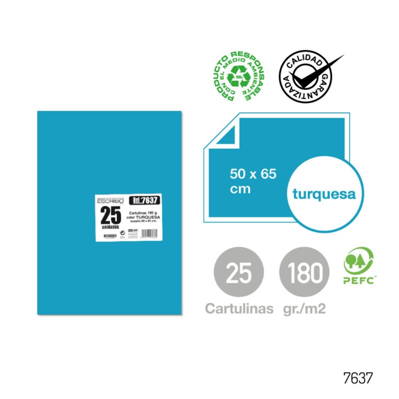Pack 25 Cartulinas - Azul Turquesa 50 x 65 cm.