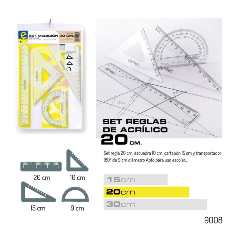 Set Medicion - Regla 20 cm. Escuadra Cartabon Transportador